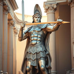 A majestic Roman centurion statue, showcasing intricate details of armor and a strong physique