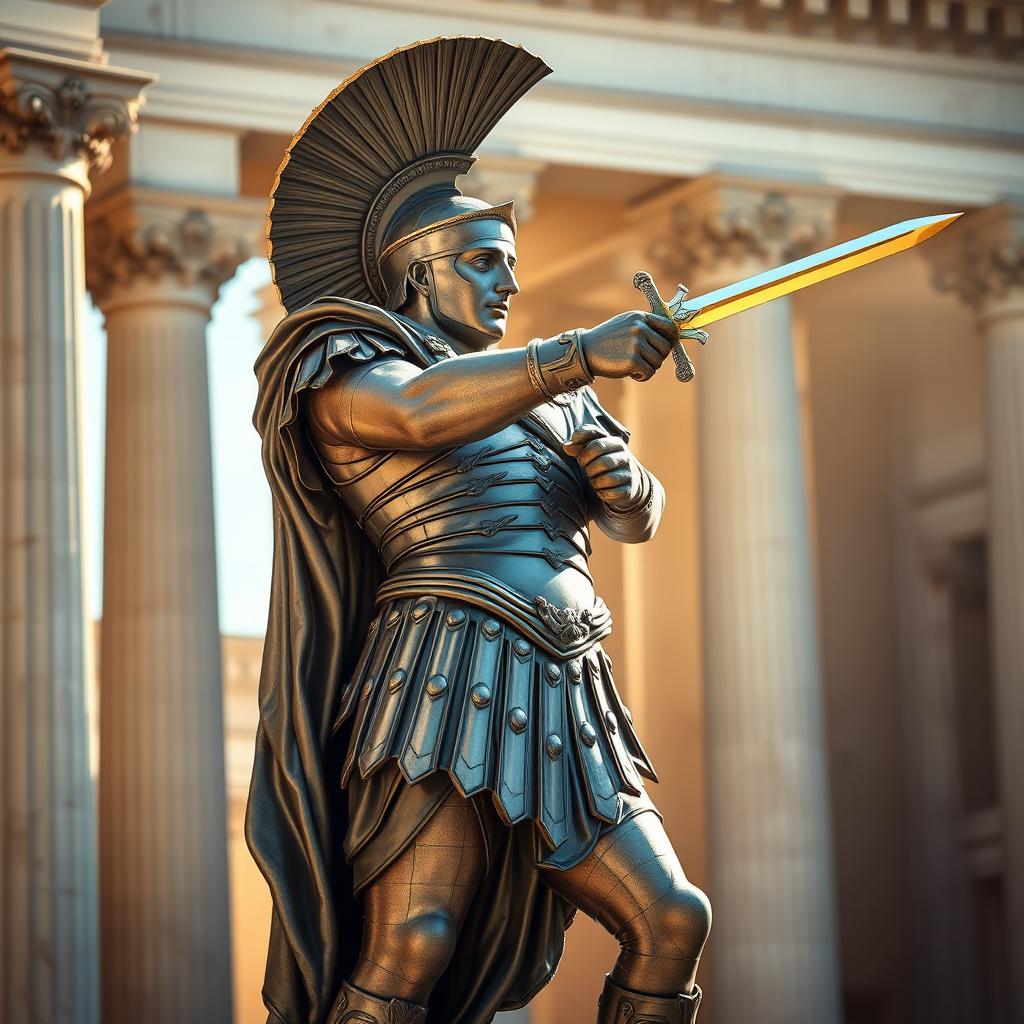 A majestic Roman centurion statue, showcasing intricate details of armor and a strong physique