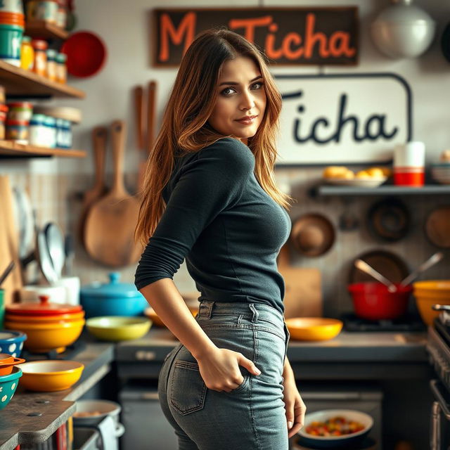 A 29-year-old Spanish Latina woman standing in a messy kitchen, showcasing her brown hair and confident demeanor