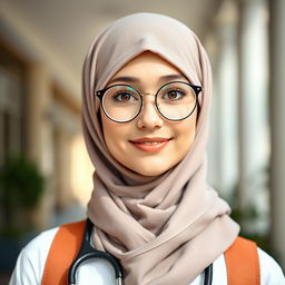A beautiful female medical student with big hazel eyes, wearing round glasses and a jersey hijab