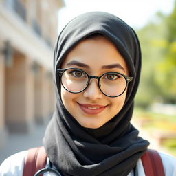 A beautiful female medical student with big hazel eyes, wearing round glasses and a jersey hijab