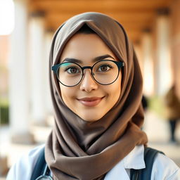 A beautiful female medical student with big hazel eyes, wearing round glasses and a jersey hijab