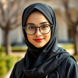 A beautiful female medical student with big hazel eyes, wearing round glasses and a jersey hijab