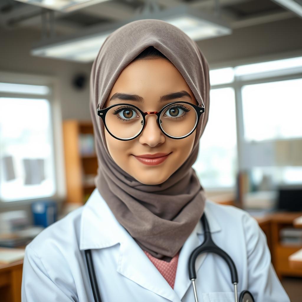 A female medical student with big hazel eyes, wearing round glasses and a jersey hijab