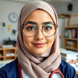 A female medical student with big hazel eyes, wearing round glasses and a jersey hijab
