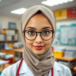 A female medical student with big hazel eyes, wearing round glasses and a jersey hijab