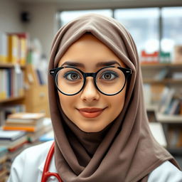 A female medical student with big hazel eyes, wearing round glasses and a jersey hijab