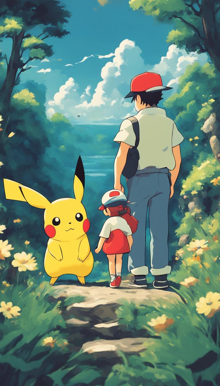 Ash Ketchum and Pikachu in a Studio Ghibli-style landscape with a 90s retro, grainy filter effect.