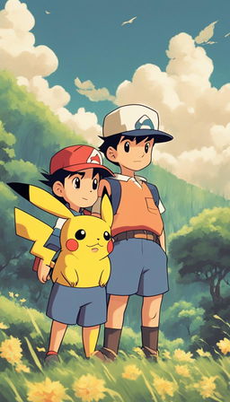 Ash Ketchum and Pikachu in a Studio Ghibli-style landscape with a 90s retro, grainy filter effect.