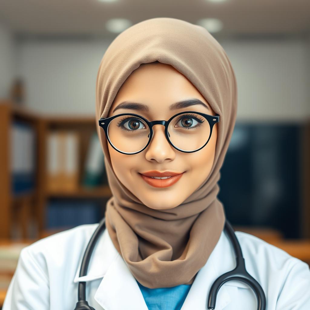 A portrait of a female medical student with big hazel eyes and a round face, exuding an angelic charm