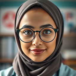 A portrait of a female medical student with big hazel eyes and a round face, exuding an angelic charm