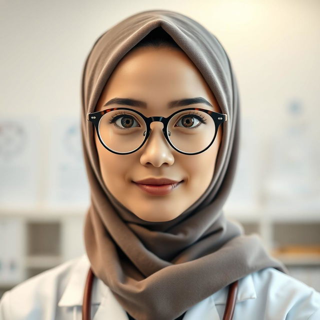 A portrait of a female medical student with big hazel eyes and a round face, exuding an angelic charm