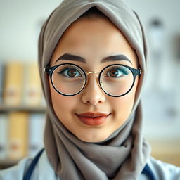 A portrait of a female medical student with big hazel eyes and a round face, exuding an angelic charm