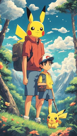 Ash Ketchum and Pikachu in a Studio Ghibli-style landscape with a 90s retro, grainy filter effect.