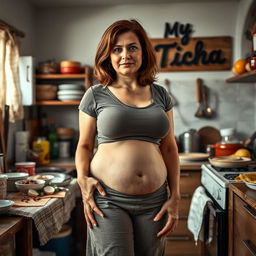 A realistic photo of a 35-year-old Portuguese woman with a motherly body shape, standing confidently in a messy kitchen