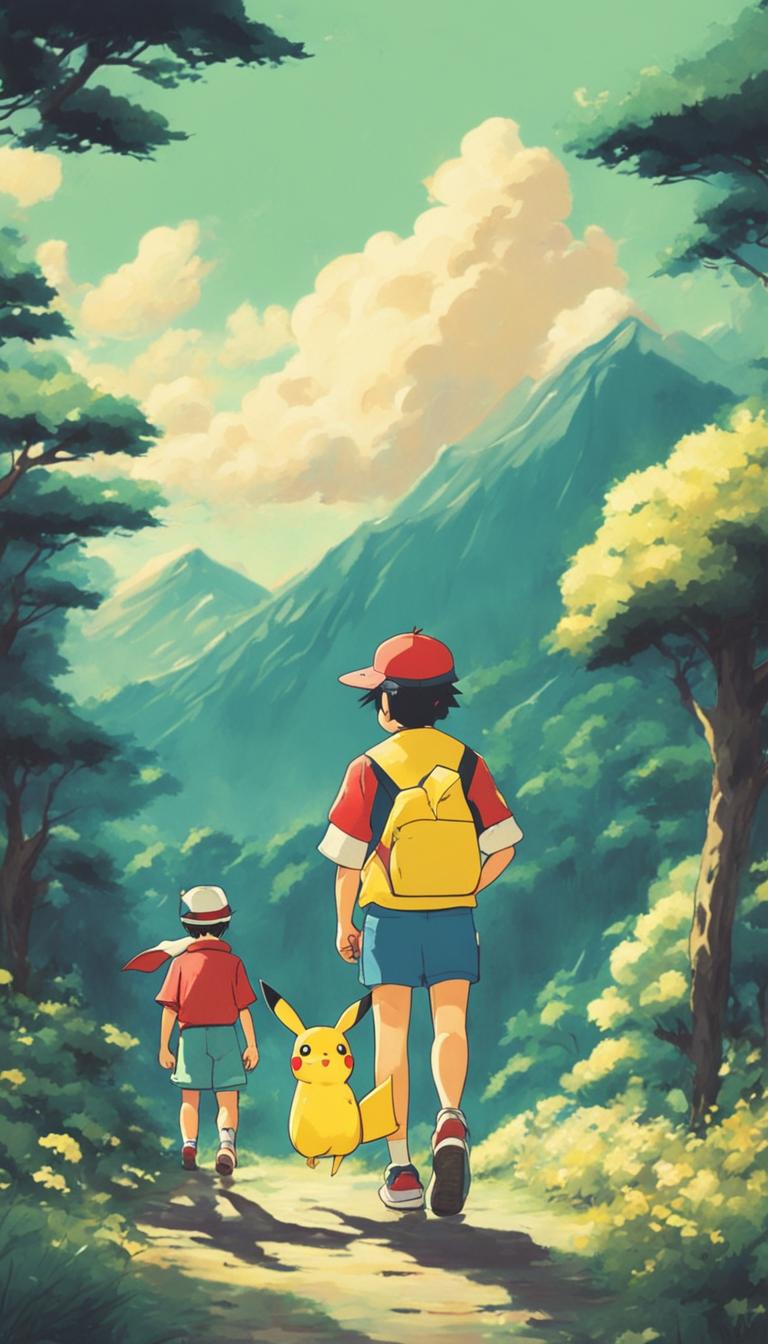 Ash Ketchum and Pikachu in a Studio Ghibli-style landscape with a 90s retro, grainy filter effect.