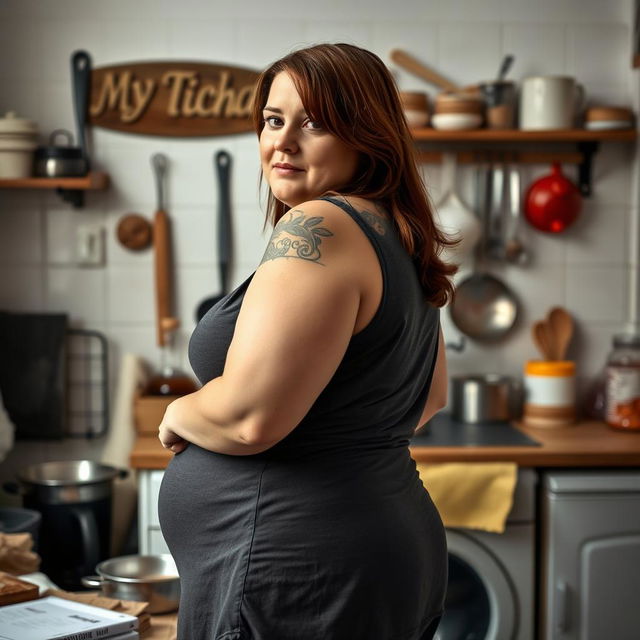 A realistic amateur-style photo of a 35-year-old Portuguese woman, slightly overweight, with brown hair