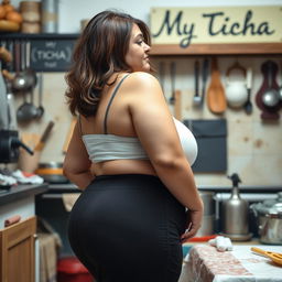 A realistic amateur-style photo of a 35-year-old Portuguese woman, slightly overweight, with brown hair
