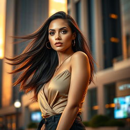 A stunning portrait of a confident, attractive woman with flowing long hair, wearing a stylish and alluring outfit