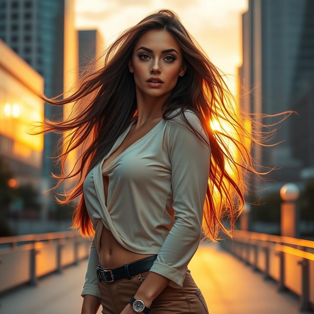 A stunning portrait of a confident, attractive woman with flowing long hair, wearing a stylish and alluring outfit