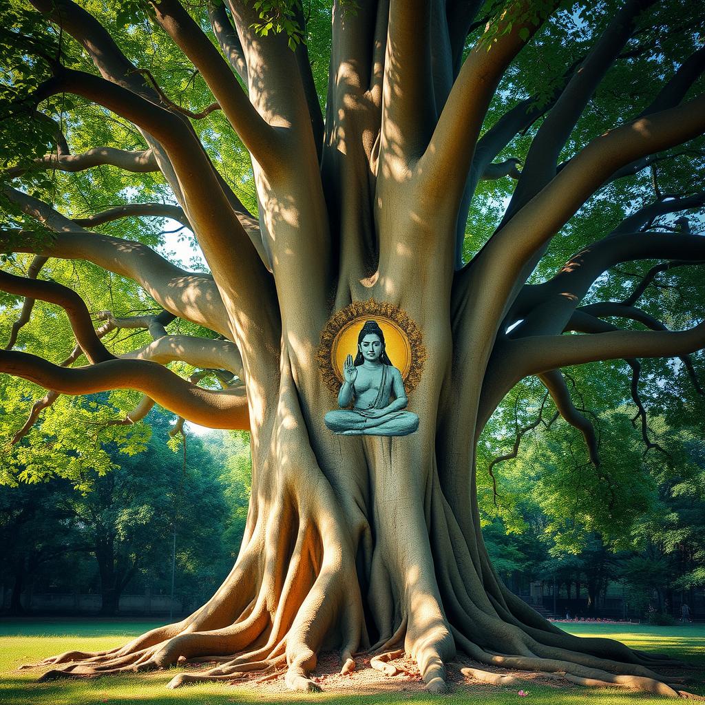 A stunning, lush banyan tree with expansive roots and rich green foliage, intricately featuring an embedded image of the revered spiritual figure PARAMASATTEE