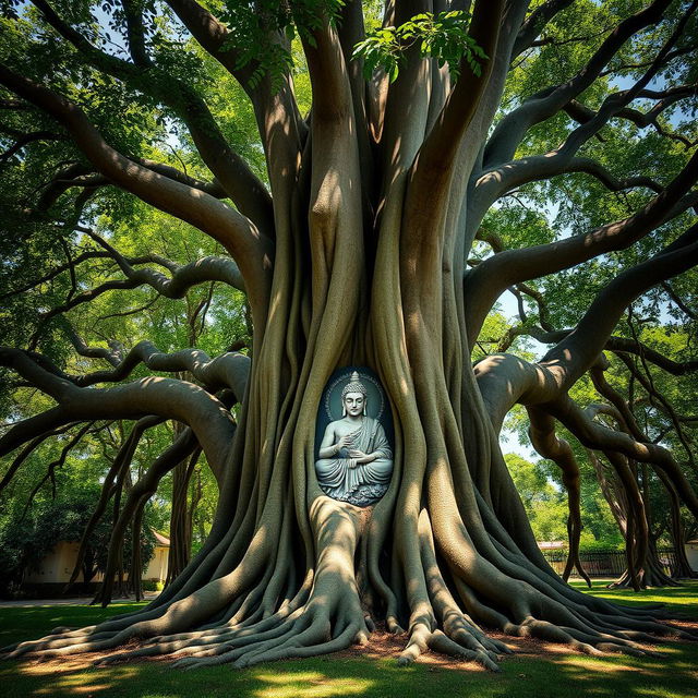 A stunning, lush banyan tree with expansive roots and rich green foliage, intricately featuring an embedded image of the revered spiritual figure PARAMASATTEE