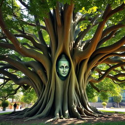 A stunning, lush banyan tree with expansive roots and rich green foliage, intricately featuring an embedded image of the revered spiritual figure PARAMASATTEE