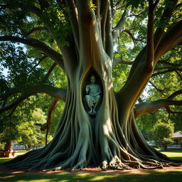 A stunning, lush banyan tree with expansive roots and rich green foliage, intricately featuring an embedded image of the revered spiritual figure PARAMASATTEE