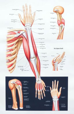 A detailed anatomical illustration of the upper limb, showcasing the human arm, shoulder, and hand with labeled muscles, bones, tendons, and nerves