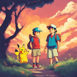 Studio Ghibli-style illustration of Ash Ketchum and Pikachu in a 90s retro scene with a grainy filter effect.