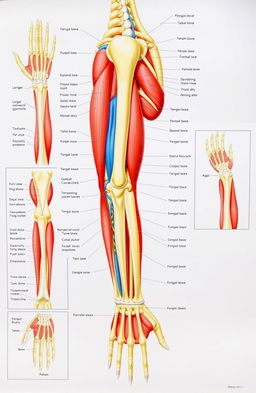A detailed anatomical illustration of the upper limb, showcasing the human arm, shoulder, and hand with labeled muscles, bones, tendons, and nerves