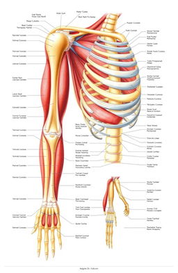 A detailed anatomical illustration of the upper limb, showcasing the human arm, shoulder, and hand with labeled muscles, bones, tendons, and nerves