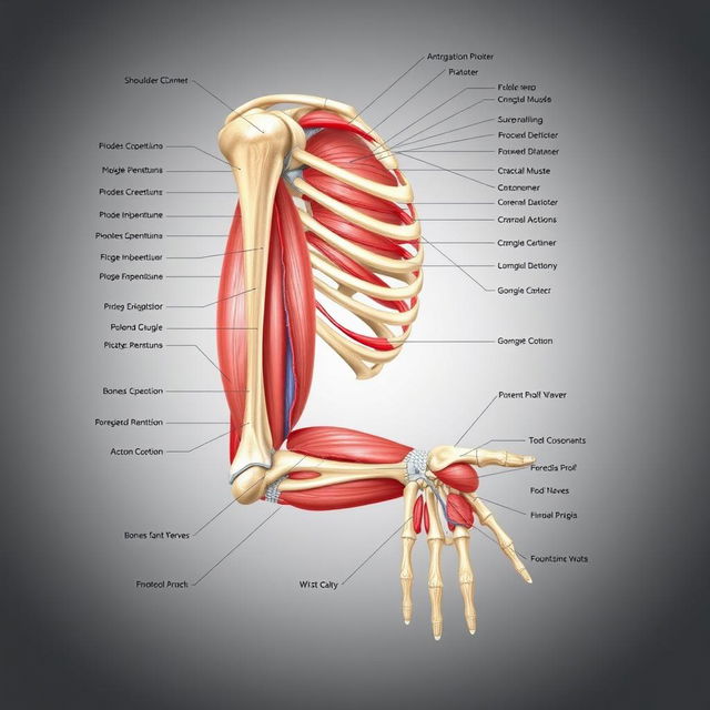 A highly detailed anatomical illustration of the human upper limb, including the shoulder, arm, elbow, forearm, wrist, and hand