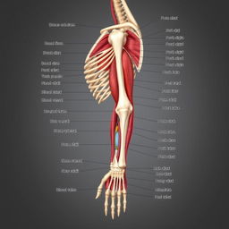 A highly detailed anatomical illustration of the human upper limb, including the shoulder, arm, elbow, forearm, wrist, and hand