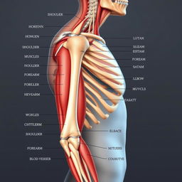 A highly detailed anatomical illustration of the human upper limb, including the shoulder, arm, elbow, forearm, wrist, and hand