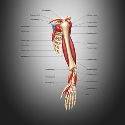 A highly detailed anatomical illustration of the human upper limb, including the shoulder, arm, elbow, forearm, wrist, and hand