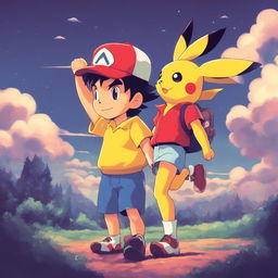 Studio Ghibli-style illustration of Ash Ketchum and Pikachu in a 90s retro scene with a grainy filter effect.