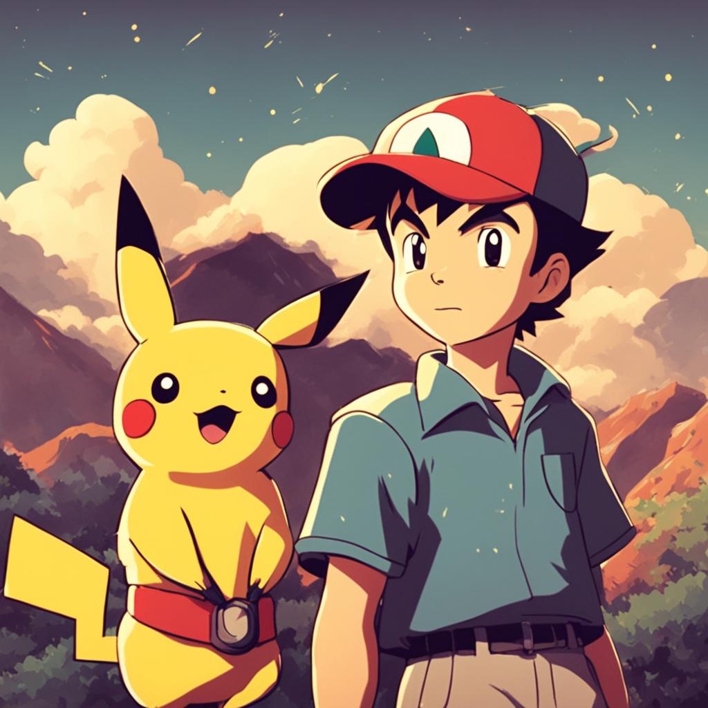 Studio Ghibli-style illustration of Ash Ketchum and Pikachu in a 90s retro scene with a grainy filter effect.