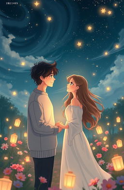 A dreamy scene of two people falling in love under a starlit sky, surrounded by glowing stars and soft, swirling clouds