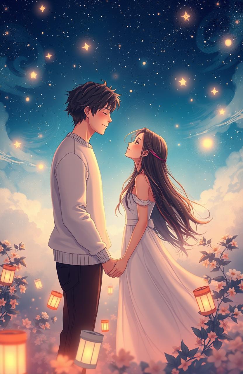 A dreamy scene of two people falling in love under a starlit sky, surrounded by glowing stars and soft, swirling clouds