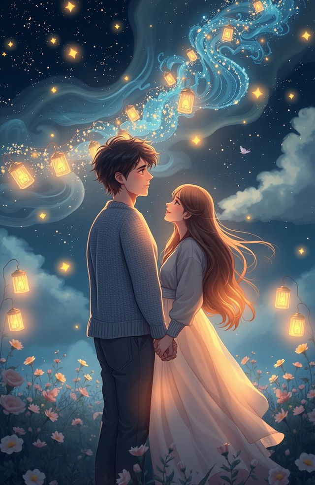 A dreamy scene of two people falling in love under a starlit sky, surrounded by glowing stars and soft, swirling clouds