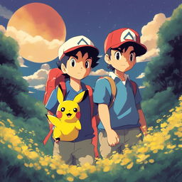 Studio Ghibli-style illustration of Ash Ketchum and Pikachu in a 90s retro scene with a grainy filter effect.