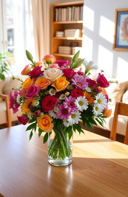 A beautiful indoor scene featuring a variety of colorful flowers elegantly arranged in a stylish vase on a wooden dining table
