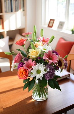 A beautiful indoor scene featuring a variety of colorful flowers elegantly arranged in a stylish vase on a wooden dining table