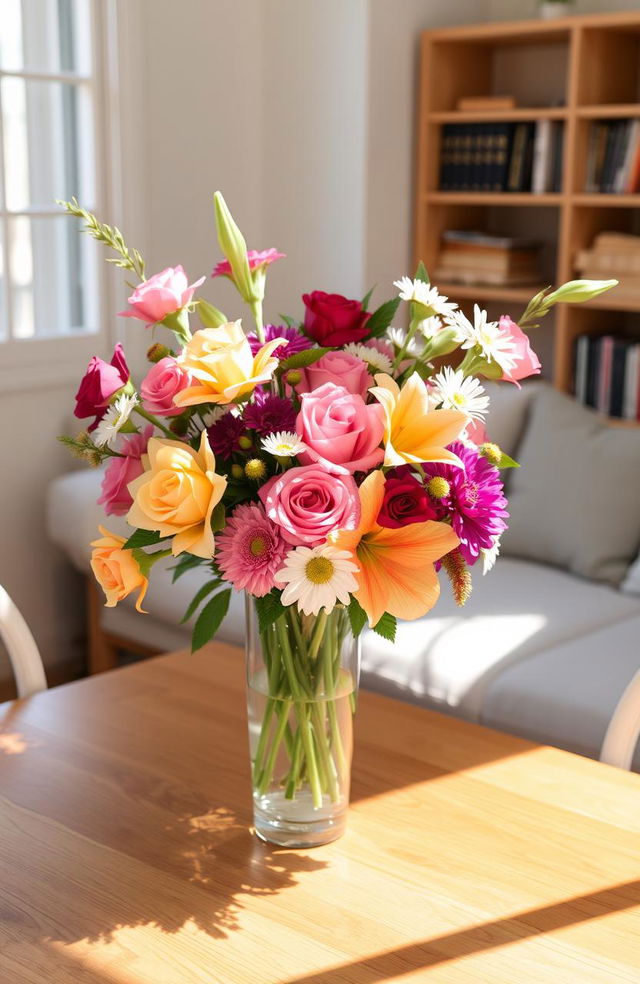 A beautiful indoor scene featuring a variety of colorful flowers elegantly arranged in a stylish vase on a wooden dining table