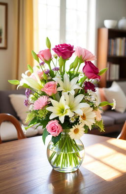 A beautiful indoor scene featuring a variety of colorful flowers elegantly arranged in a stylish vase on a wooden dining table
