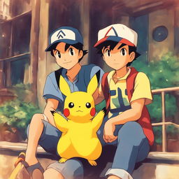 Ash Ketchum and Pikachu in a 90s retro, Studio Ghibli-style scene with a grainy filter effect.