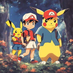 Ash Ketchum and Pikachu in a 90s retro, Studio Ghibli-style scene with a grainy filter effect.