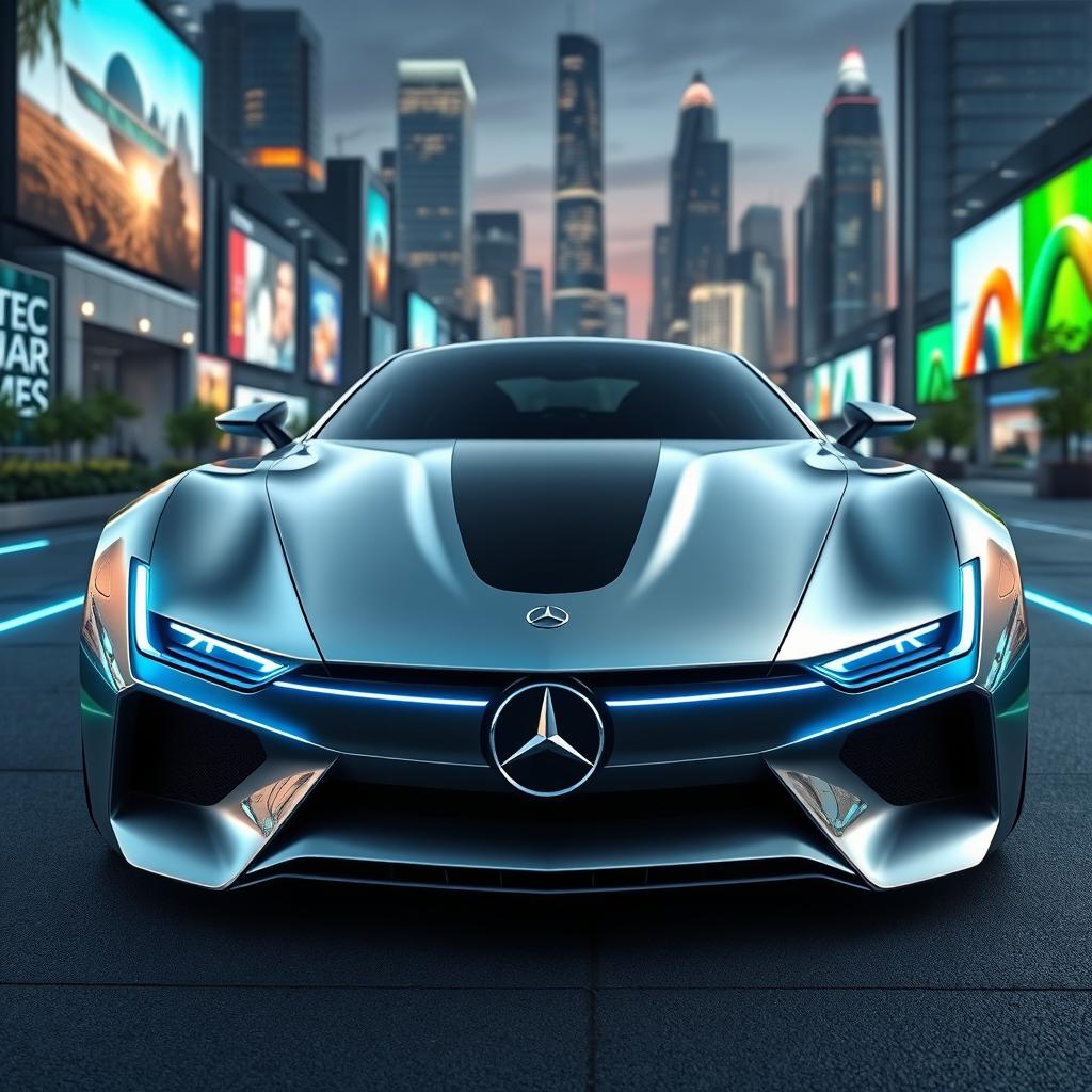 A futuristic design of a Mercedes car, featuring sleek aerodynamic lines, a bold chrome grille, and innovative LED lighting