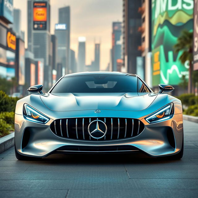 A futuristic design of a Mercedes car, featuring sleek aerodynamic lines, a bold chrome grille, and innovative LED lighting